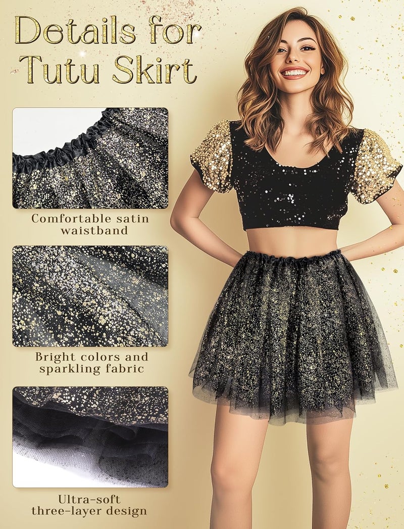 VEKDA 3 Layers Tutus for Women Adult, Classic Elastic Tulle Tutu Skirts Gold Silver Foil Printed Tutu for Party Running - Image 3